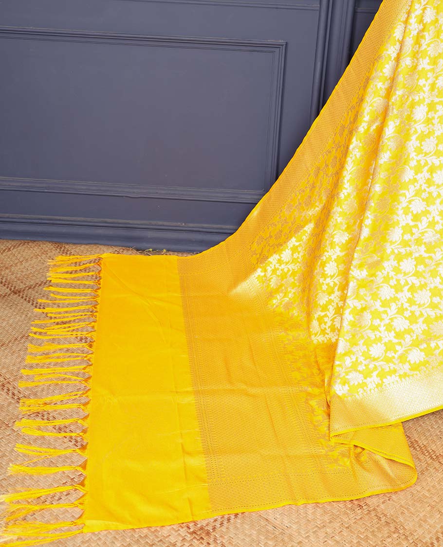 Yellow intricate floral jaal jacquard banaras dupatta with tassels