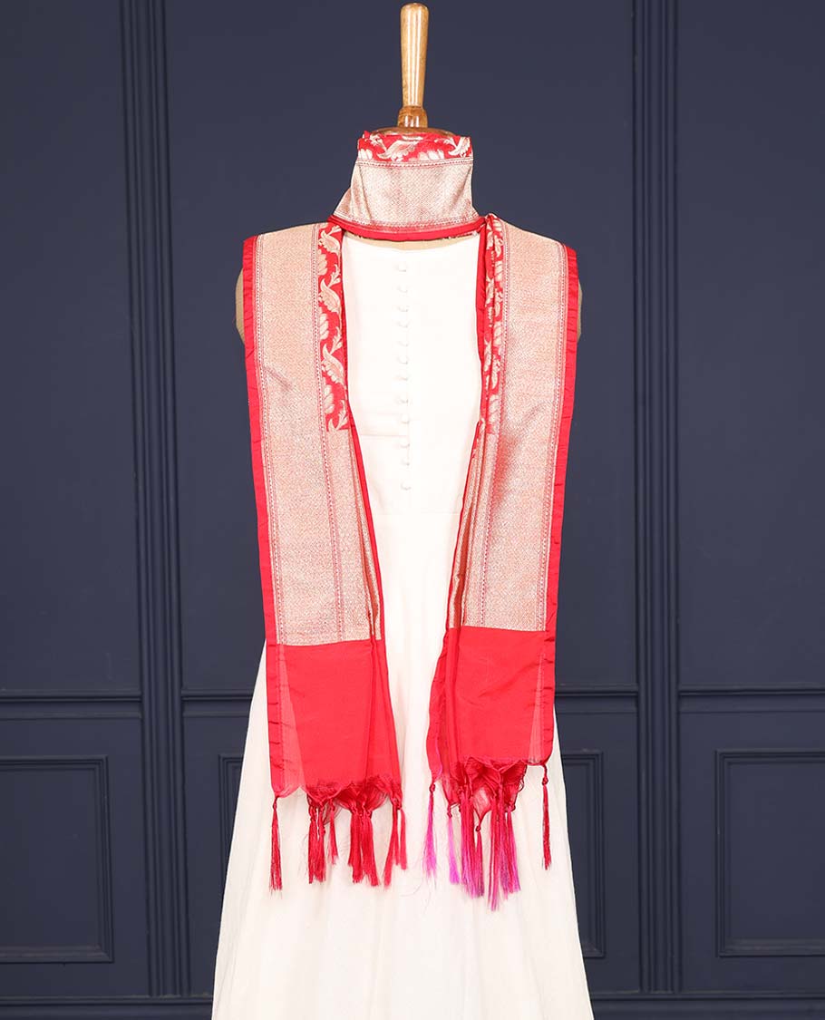 Red intricate floral jaal zari jacquard banaras dupatta with tassels