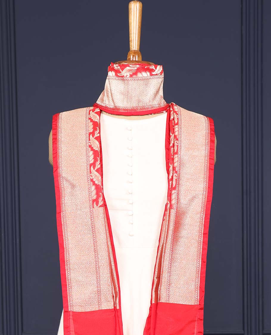Red intricate floral jaal zari jacquard banaras dupatta with tassels