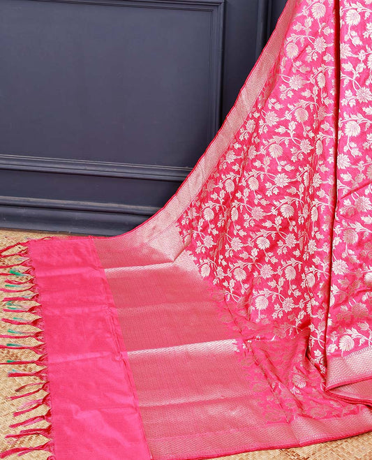 Pink floral jaal jacquard banaras dupatta with tassels 