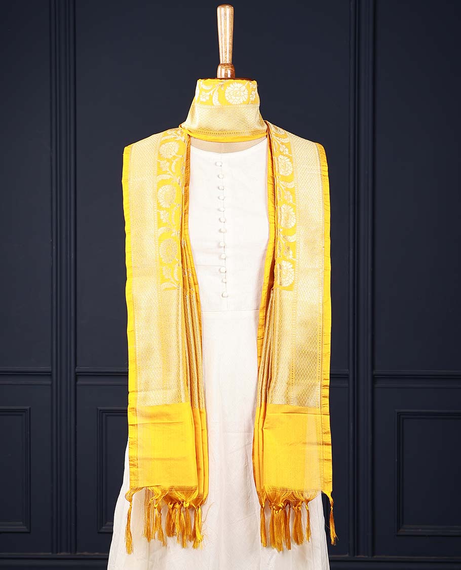 Bright yellow intricate floral jaal jacquard banaras dupatta with tassels 