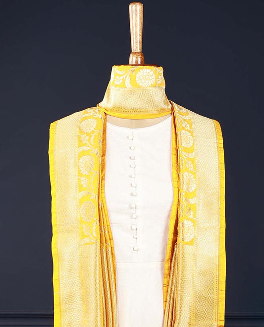 Bright yellow intricate floral jaal jacquard banaras dupatta with tassels 