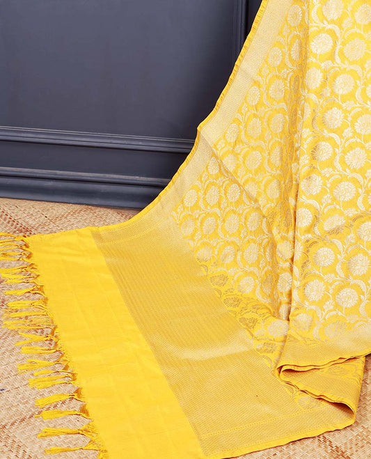 Bright yellow intricate floral jaal jacquard banaras dupatta with tassels 