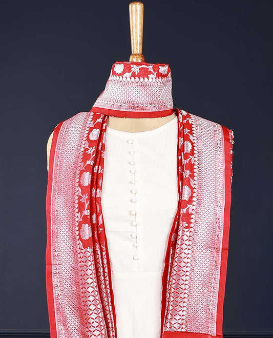 Royal red intricate floral jaal zari jacquard banaras dupatta with tassels 
