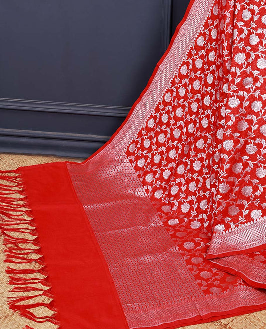 Royal red intricate floral jaal zari jacquard banaras dupatta with tassels 