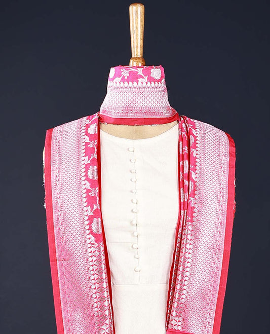 Hot pink intricate floral jaal zari jacquard banaras dupatta with tassels 