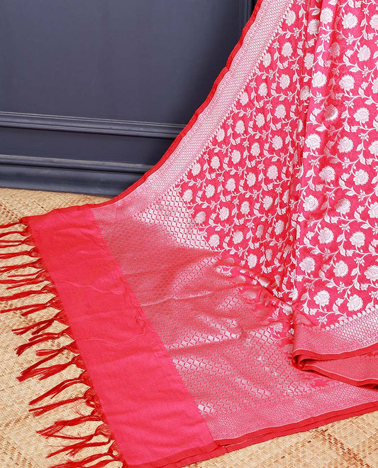 Hot pink intricate floral jaal zari jacquard banaras dupatta with tassels 