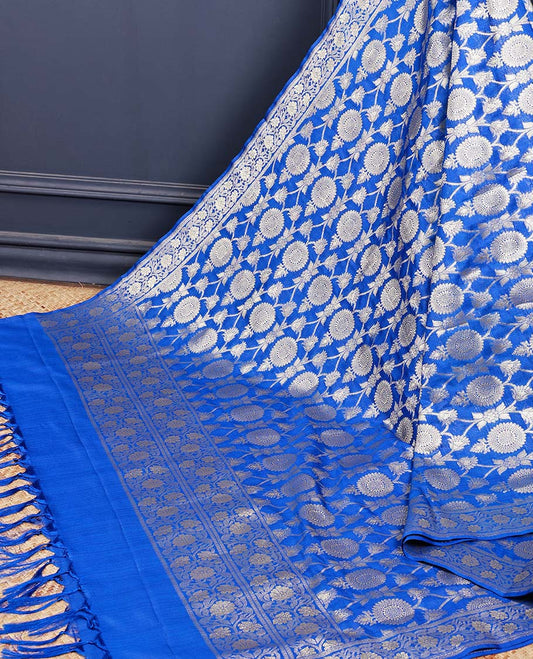 Ultramarine blue intricate floral vine & chakra design jacquard banaras dupatta with tassels 