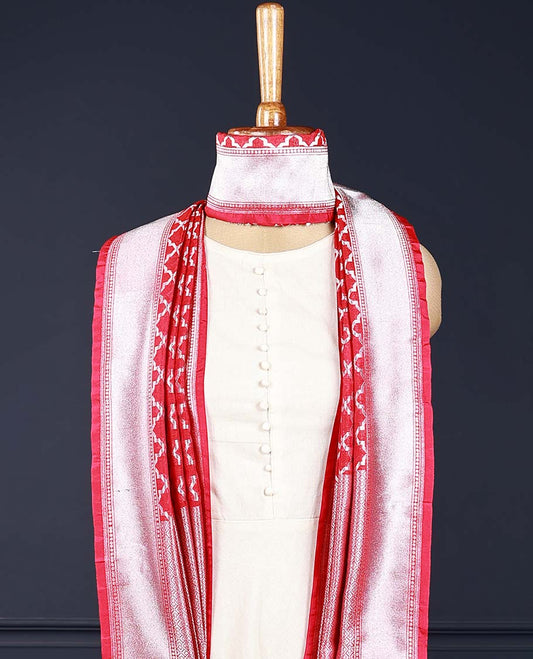 Red rose colour intricate jaal jacquard banaras dupatta with tassels 