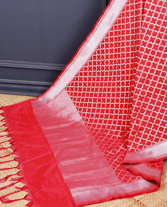 Red rose colour intricate jaal jacquard banaras dupatta with tassels 