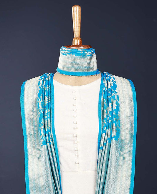 Sky blue intricate floral jaal zari jacquard banaras dupatta with tassels 
