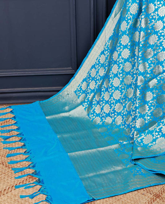 Sky blue intricate floral jaal zari jacquard banaras dupatta with tassels 