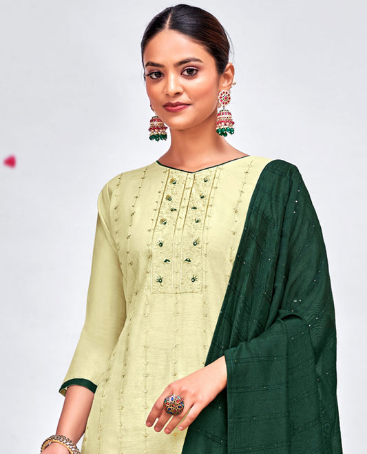 Buttercream embroidered modal silk 3pcs material chudidhar set, plain bottom & double-colour sequin striped dupatta 