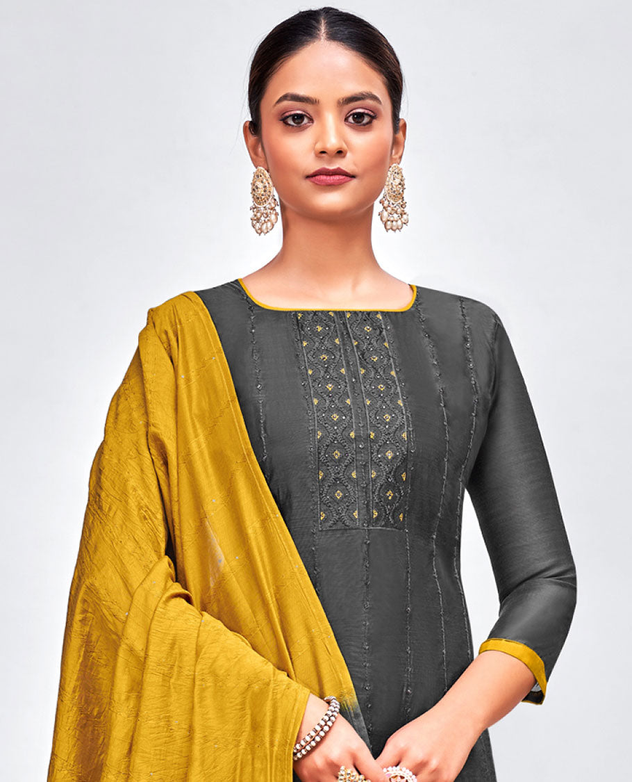 Elephant grey embroidered modal silk 3pcs material chudidhar, plain bottom & double-colour geometric patterned dupatta 
