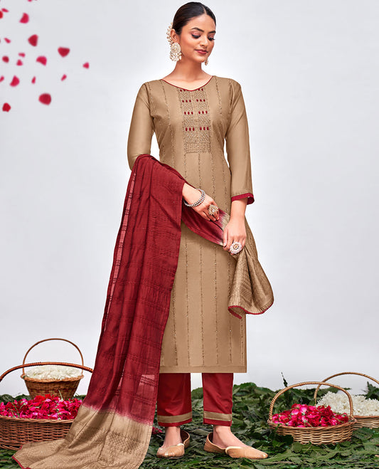 Pale brown embroidered modal silk 3pcs material chudidhar set, cotton bottom & double-colour sequin embroidered dupatta 