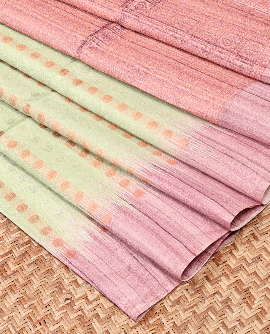 Green Bhagalpuri Semi banaras tussar saree with all-over polka dots, contrast border & pallu of intricate designs 