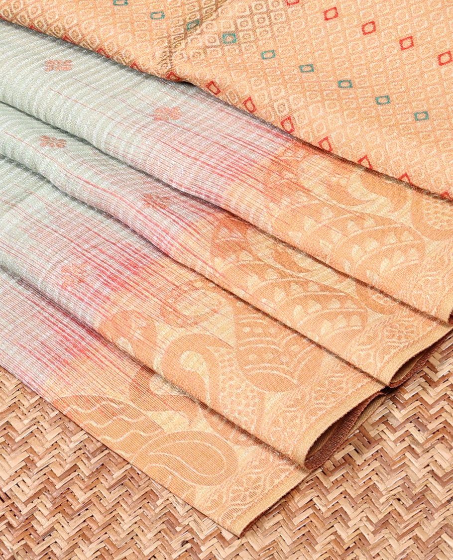 Green Bhagalpuri Semi banaras tussar Saree features flower butta,contrast meenakari border & pallu of argyle design