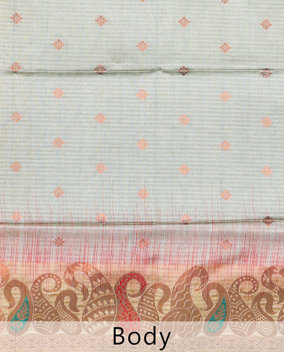 Green Bhagalpuri Semi banaras tussar Saree features flower butta,contrast meenakari border & pallu of argyle design