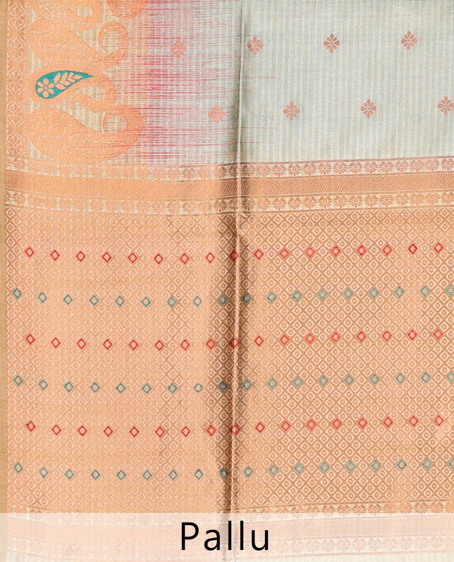 Green Bhagalpuri Semi banaras tussar Saree features flower butta,contrast meenakari border & pallu of argyle design
