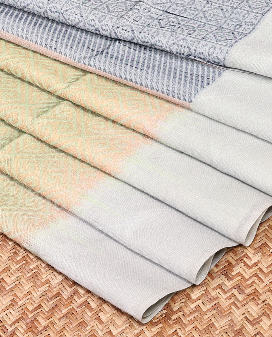 Pale Green Bhagalpuri Semi banaras tussar Saree with unique designs all over its body, contrast border & intricate pallu
