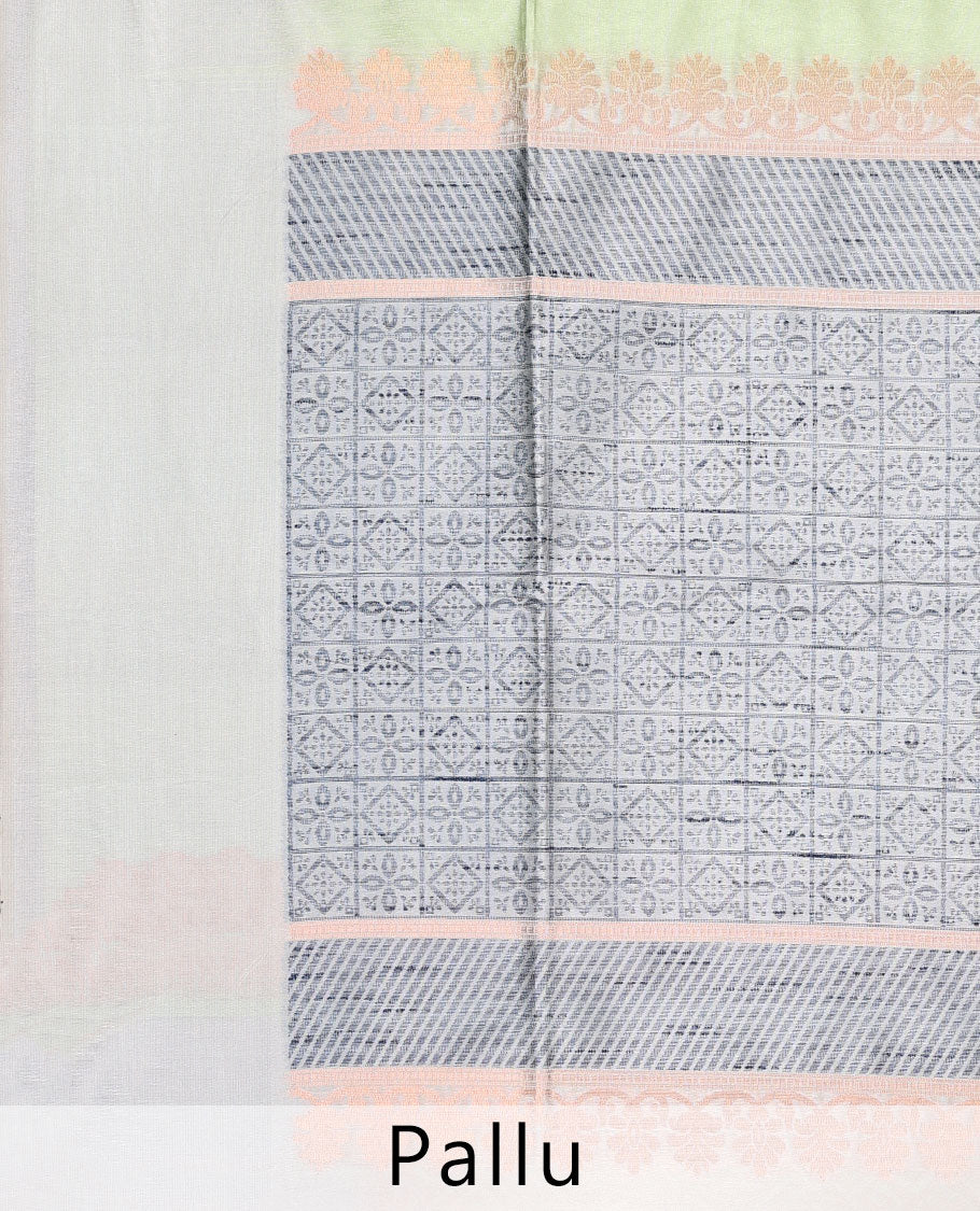 Pale Green Bhagalpuri Semi banaras tussar Saree with unique designs all over its body, contrast border & intricate pallu
