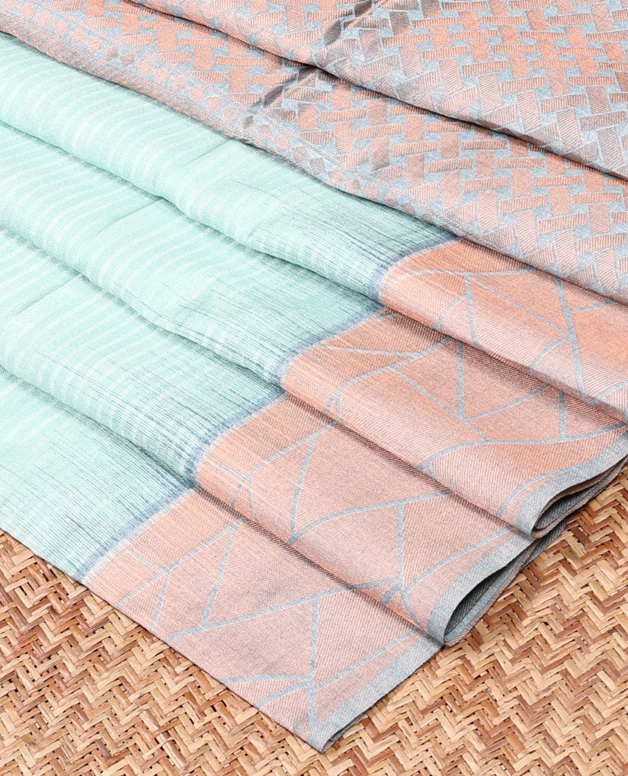 Mint Green Striped bhagalpuri Semi banaras tussar saree, contrast border & pallu of intricate designs 