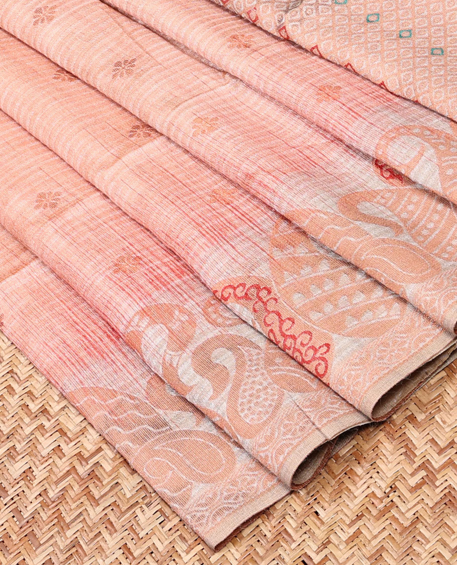 Peach Bhagalpuri Semi banaras tussar Saree features flower buttas, paisley meenakari border & pallu of argyle designs 