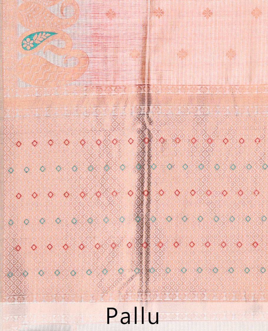 Peach Bhagalpuri Semi banaras tussar Saree features flower buttas, paisley meenakari border & pallu of argyle designs 