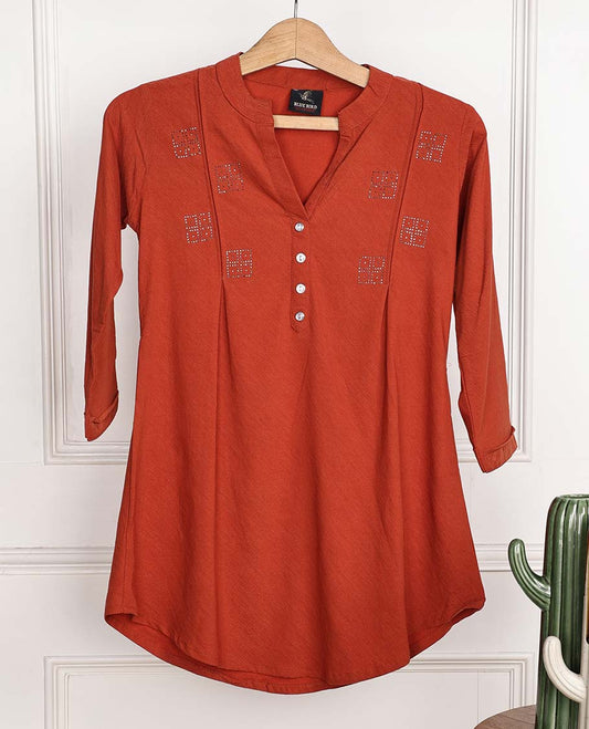 Alloy Orange Chinese collar & 3/4th sleeve micro stone work rayon top