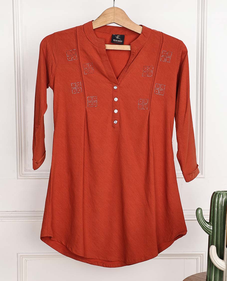 Alloy Orange Chinese collar & 3/4th sleeve micro stone work rayon top