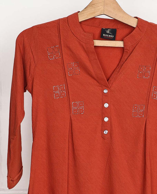 Alloy Orange Chinese collar & 3/4th sleeve micro stone work rayon top