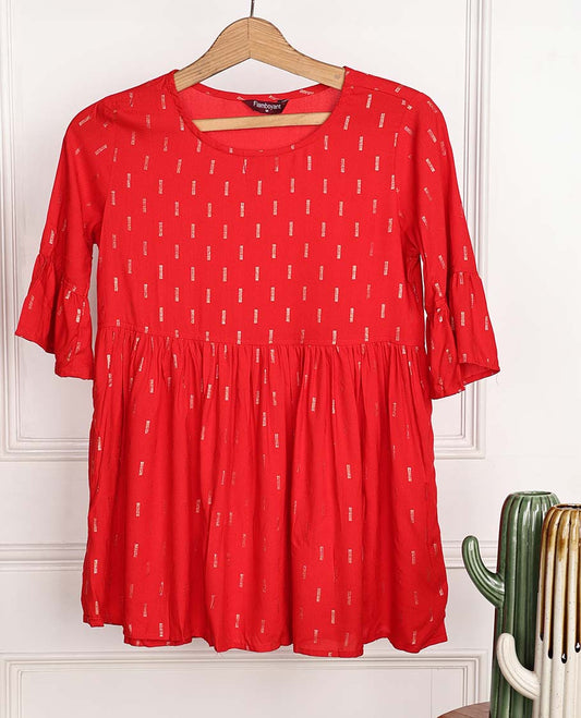 Imperial red unique motifs printed 3/4th bell sleeve rayon top 