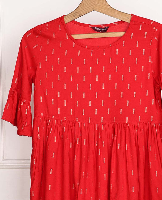 Imperial red unique motifs printed 3/4th bell sleeve rayon top 