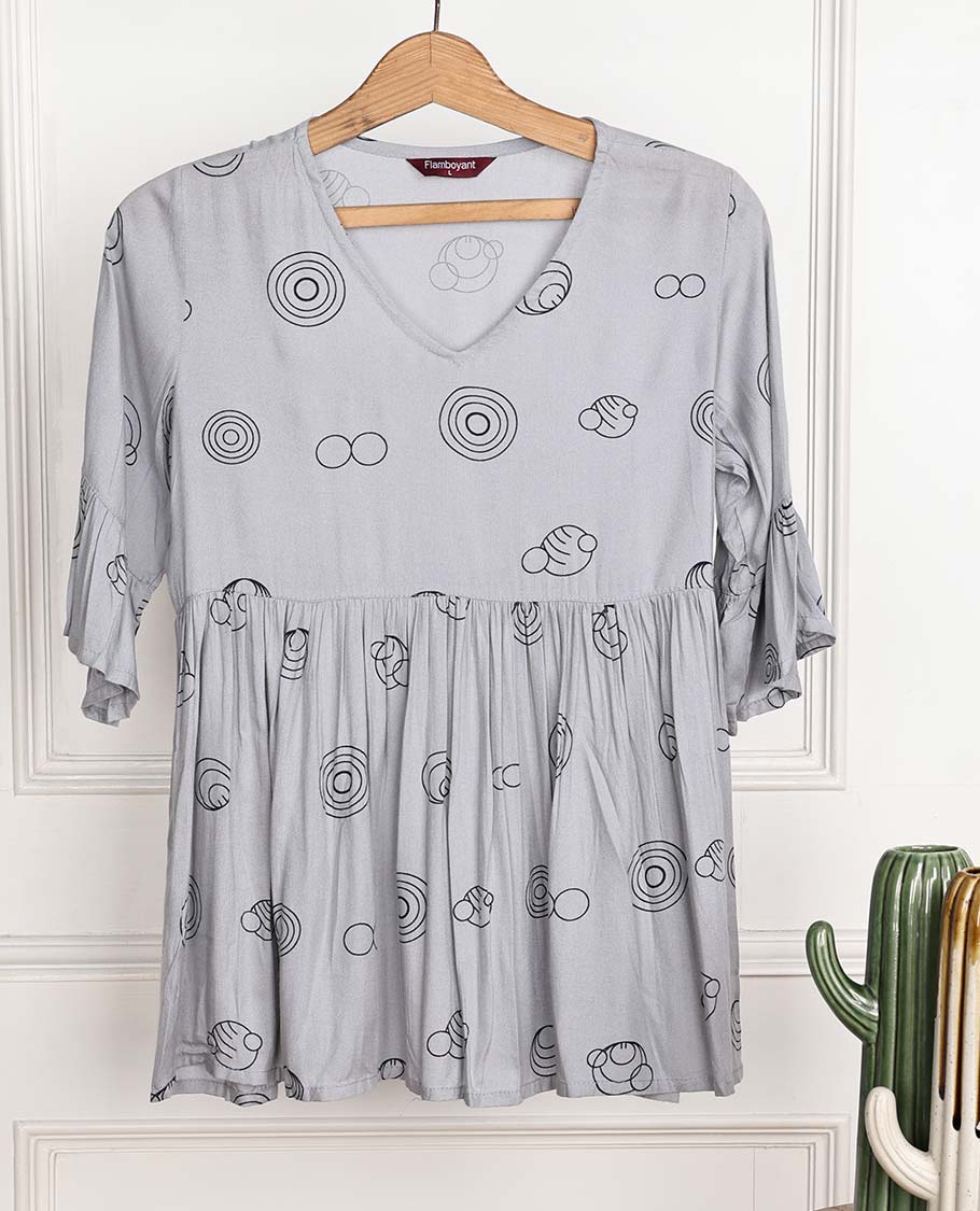 Ash grey intricate motifs printed 3/4th bell sleeve rayon top 