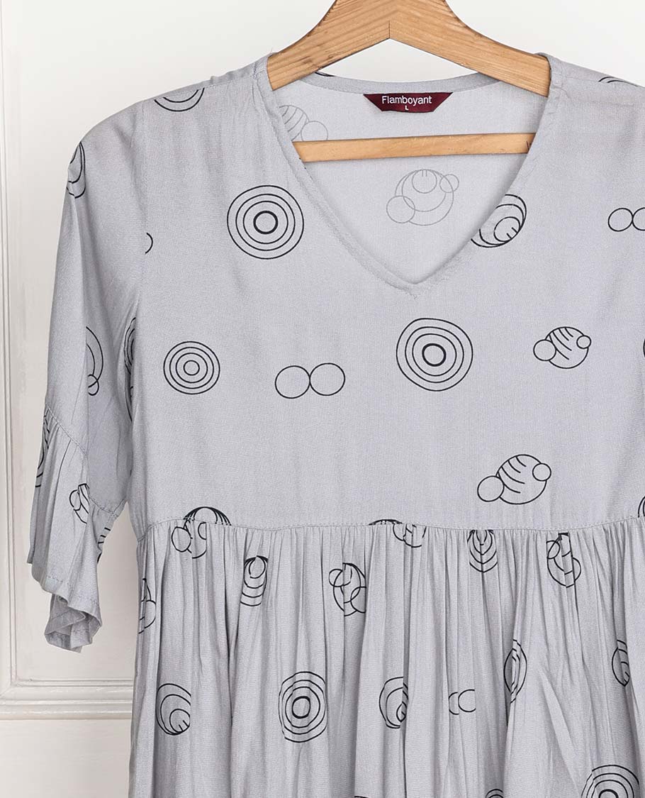 Ash grey intricate motifs printed 3/4th bell sleeve rayon top 