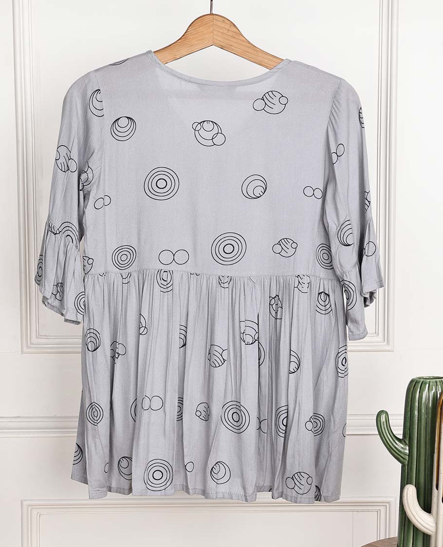Ash grey intricate motifs printed 3/4th bell sleeve rayon top 