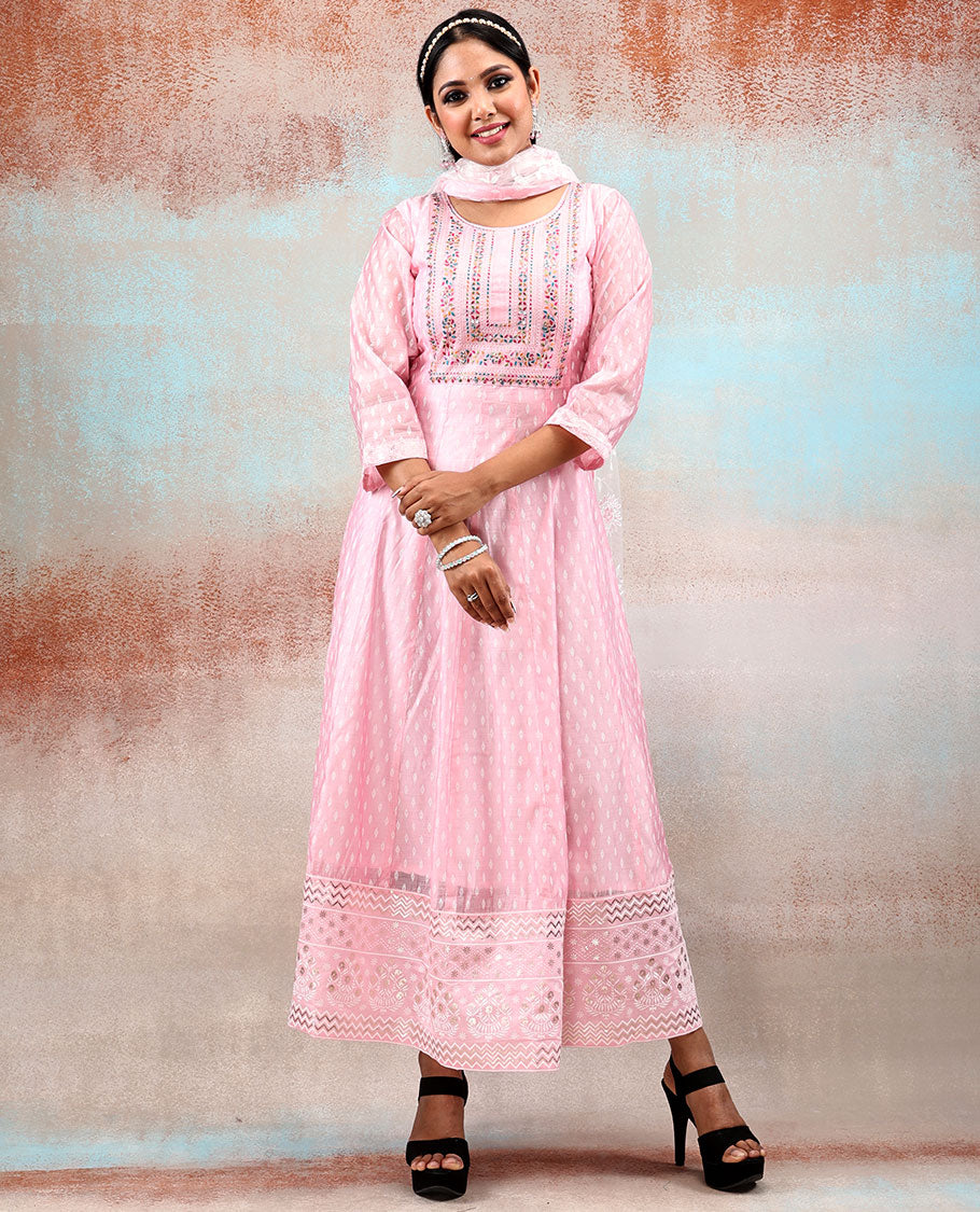 Pink intricate foil printed & multi-color thread embroidered silk cotton Anarkali,dupatta with embroidered floral vine