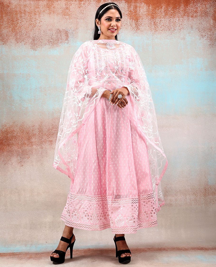 Pink intricate foil printed & multi-color thread embroidered silk cotton Anarkali,dupatta with embroidered floral vine