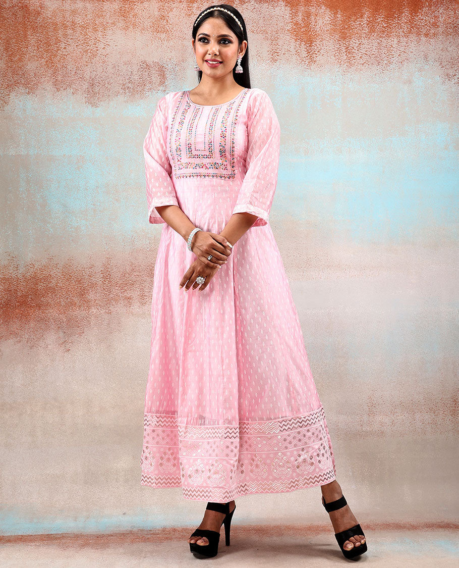 Pink intricate foil printed & multi-color thread embroidered silk cotton Anarkali,dupatta with embroidered floral vine