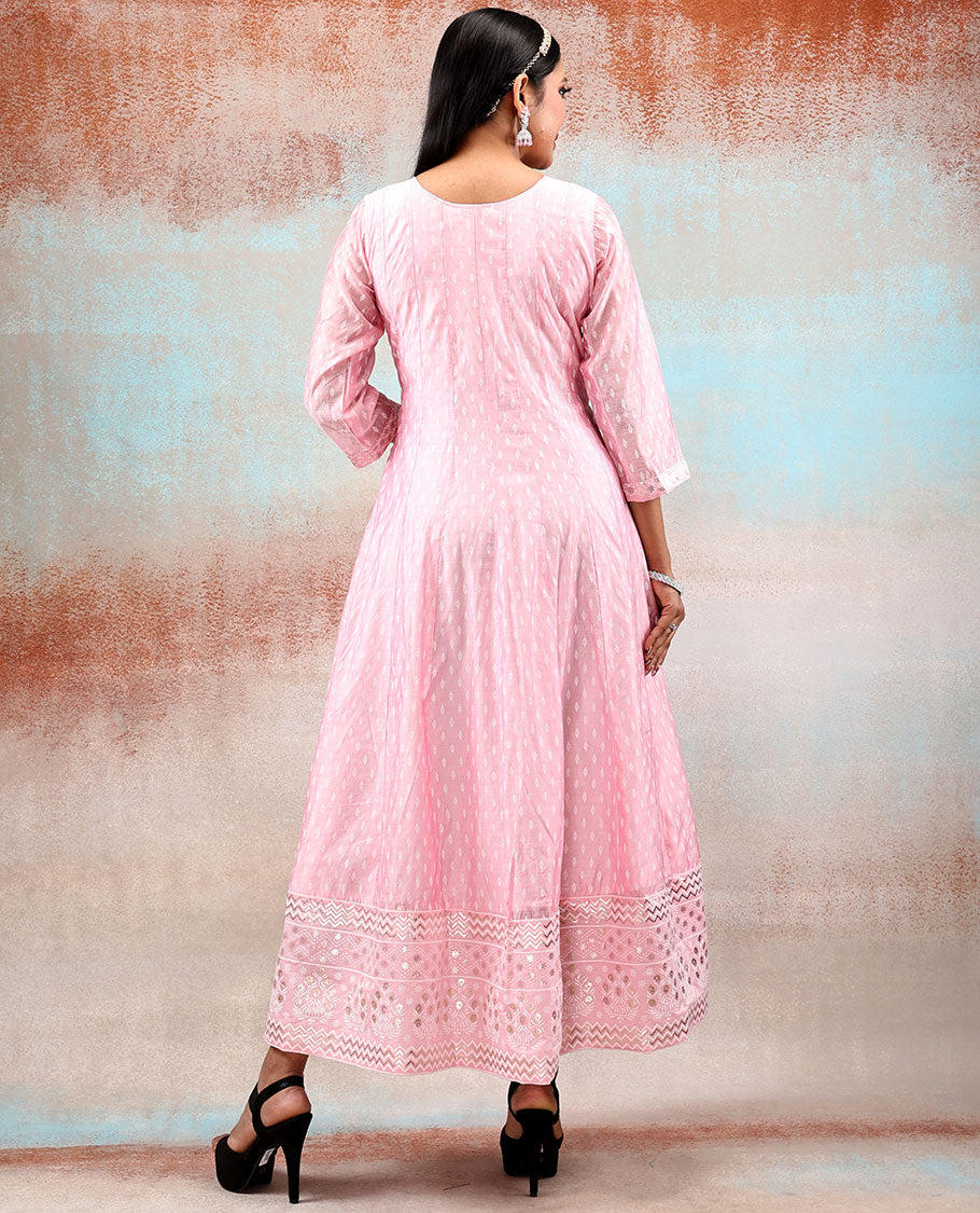 Pink intricate foil printed & multi-color thread embroidered silk cotton Anarkali,dupatta with embroidered floral vine