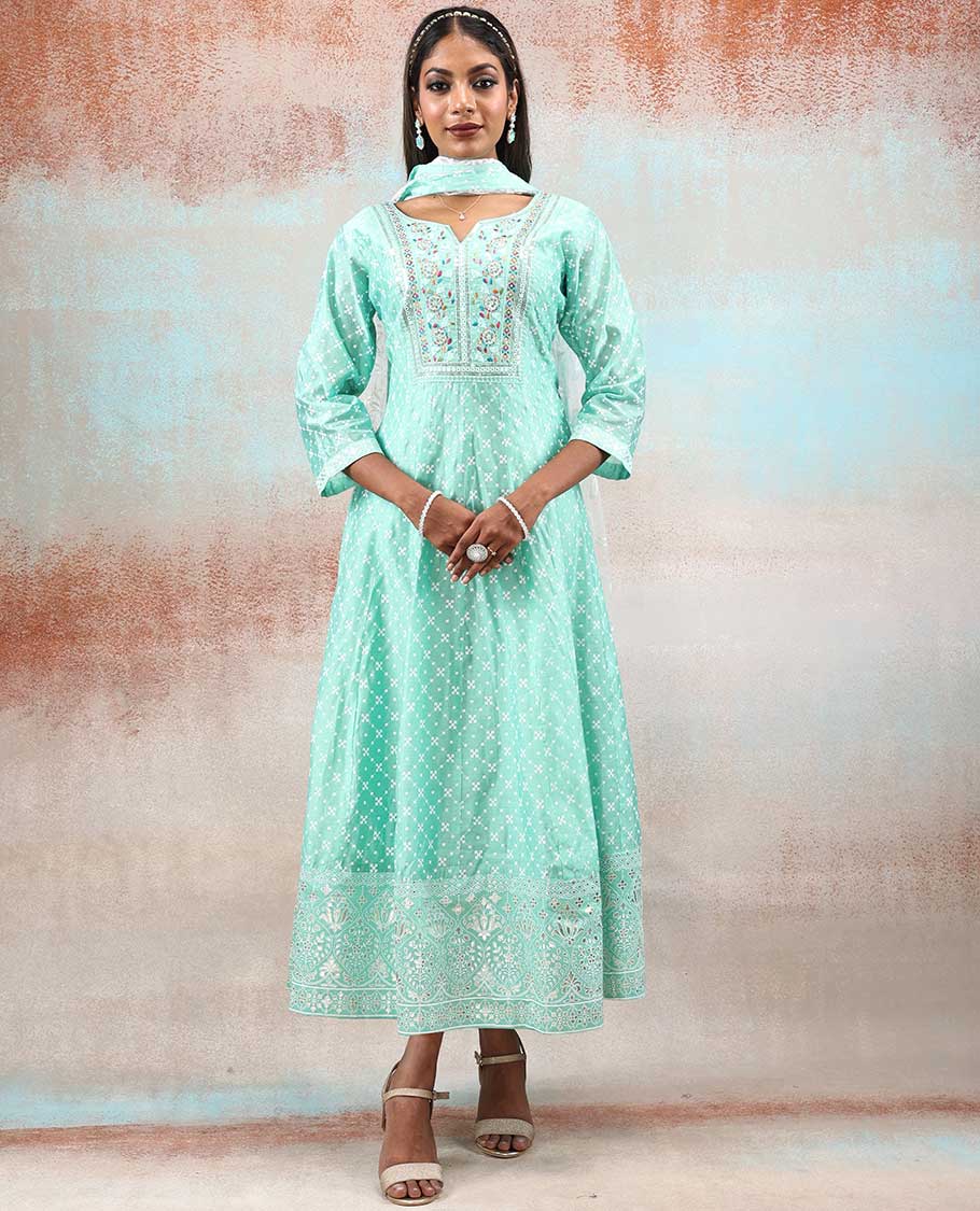 Light turquoise intricate foil printed silk cotton anarkali with neck thread embroidery & chikankari floral vine dupatta