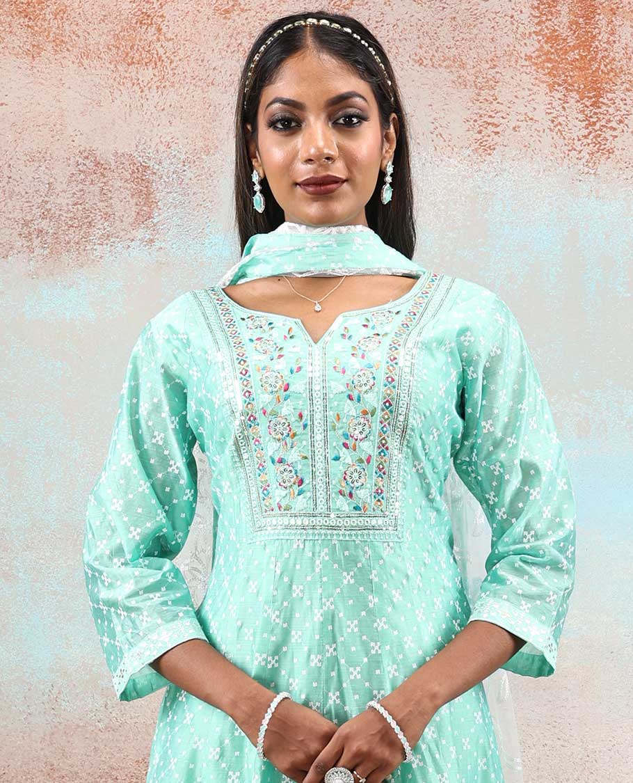 Light turquoise intricate foil printed silk cotton anarkali with neck thread embroidery & chikankari floral vine dupatta