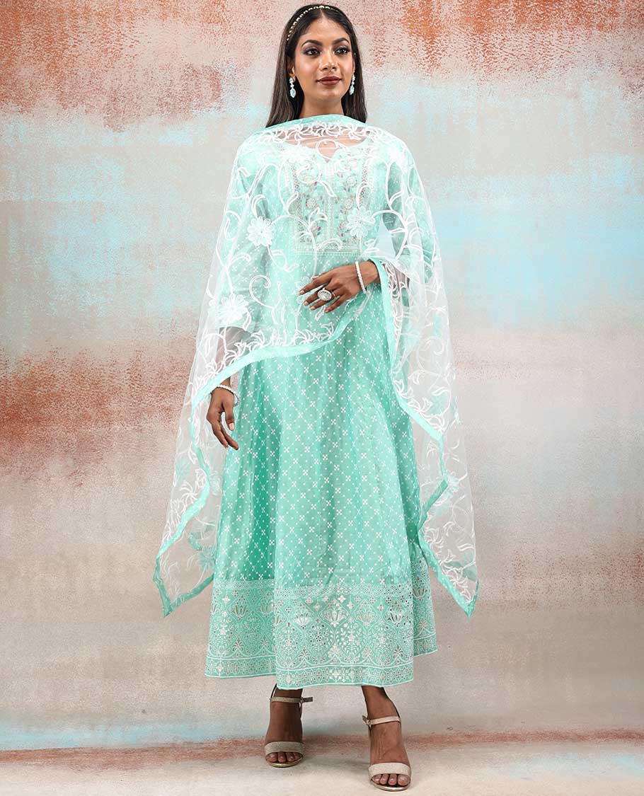 Light turquoise intricate foil printed silk cotton anarkali with neck thread embroidery & chikankari floral vine dupatta