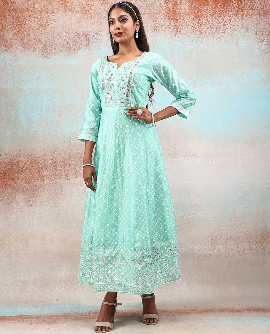 Light turquoise intricate foil printed silk cotton anarkali with neck thread embroidery & chikankari floral vine dupatta
