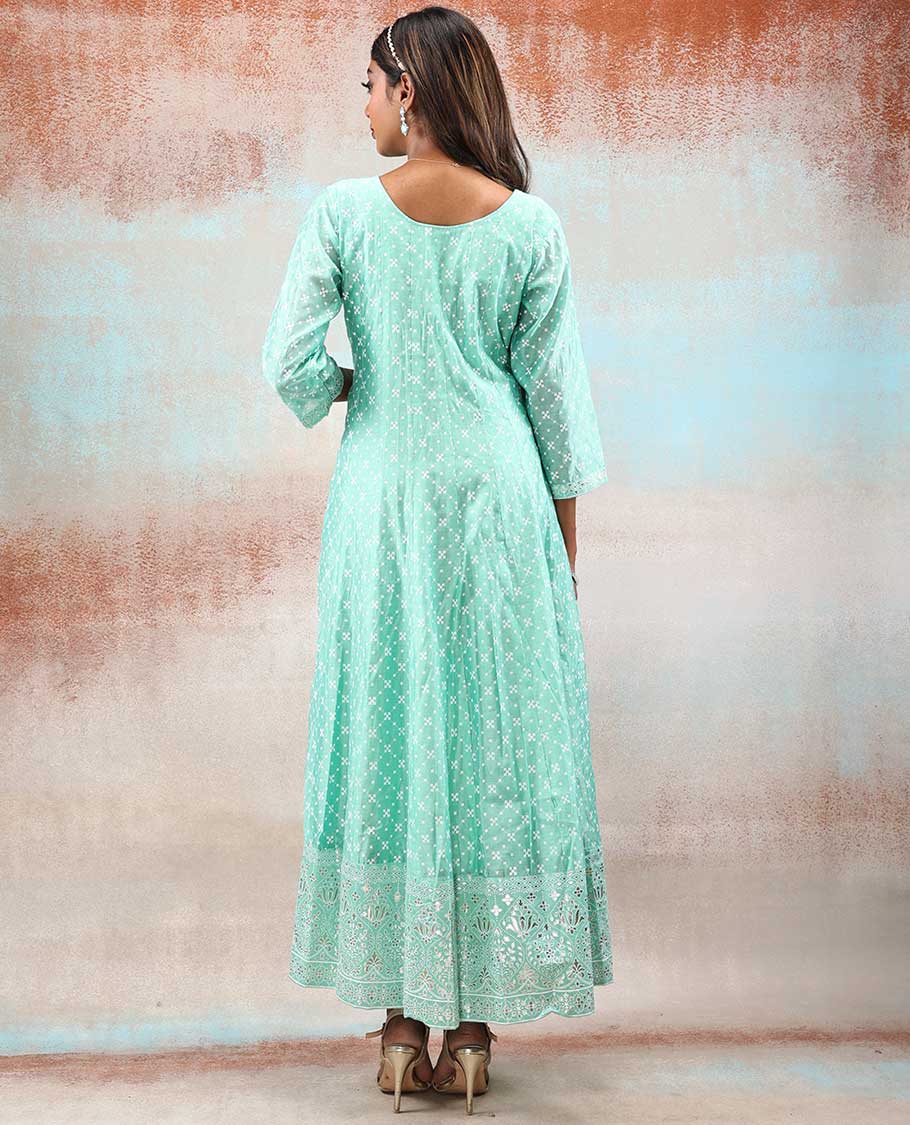Light turquoise intricate foil printed silk cotton anarkali with neck thread embroidery & chikankari floral vine dupatta
