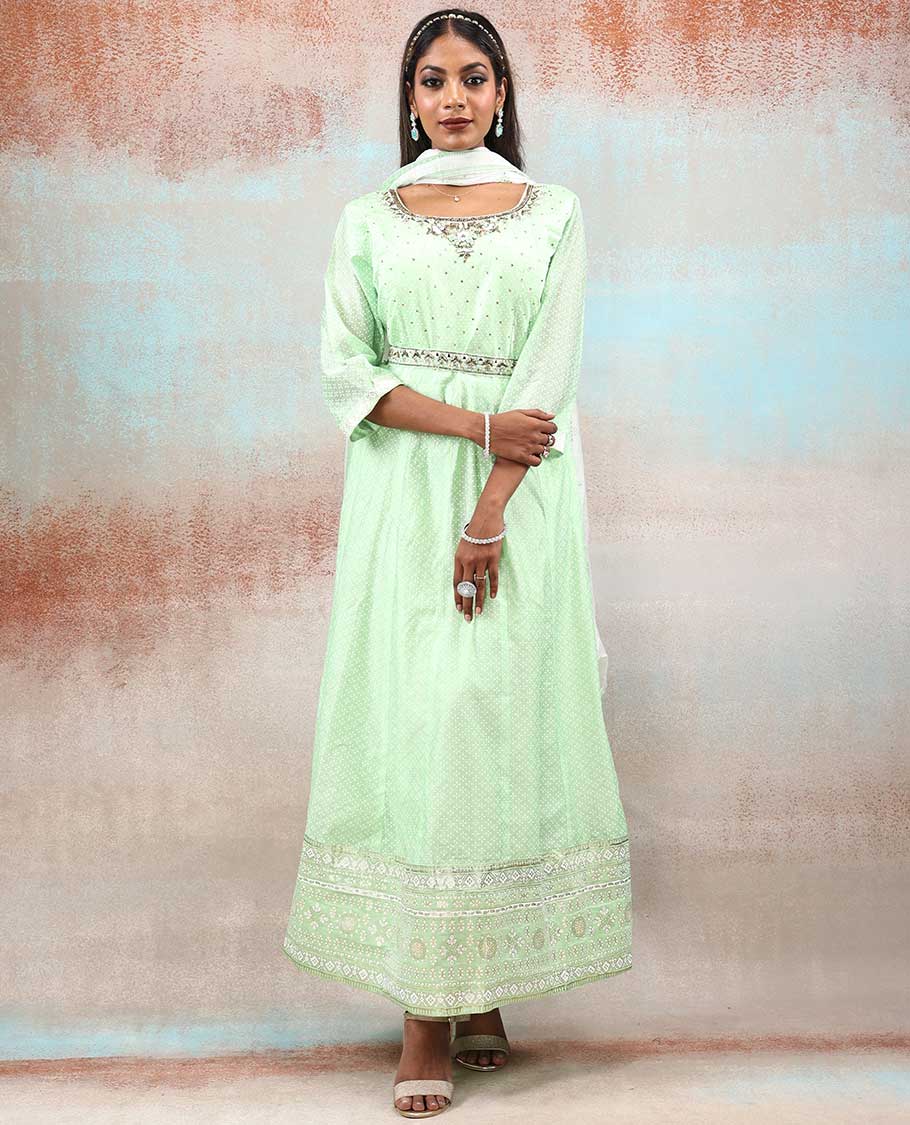 Green foil print & stone embroidered silk cotton anarkali with intricate designs,printed dupatta & embroidery waist belt