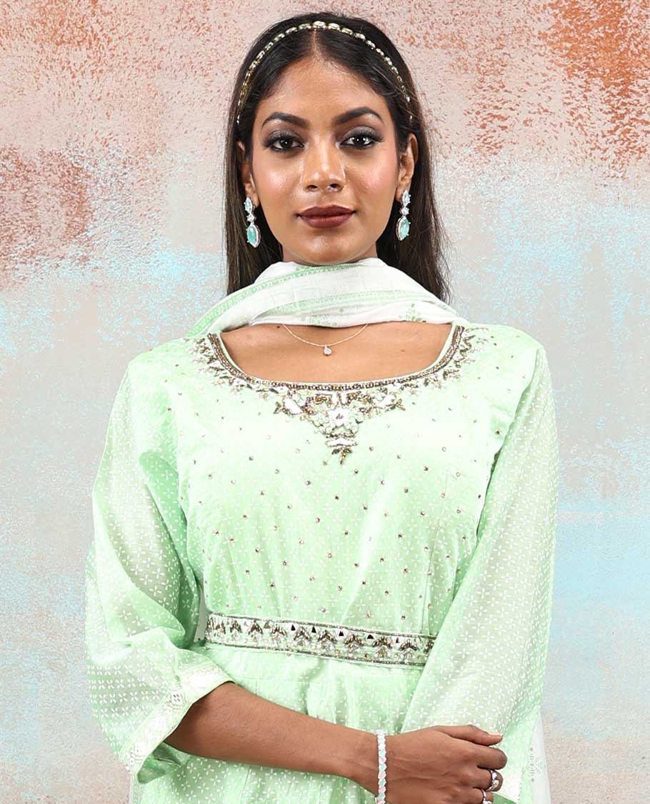 Green foil print & stone embroidered silk cotton anarkali with intricate designs,printed dupatta & embroidery waist belt