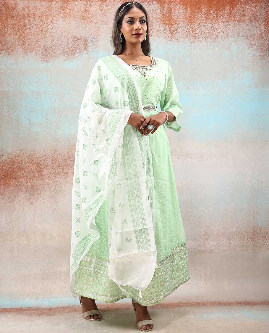 Green foil print & stone embroidered silk cotton anarkali with intricate designs,printed dupatta & embroidery waist belt
