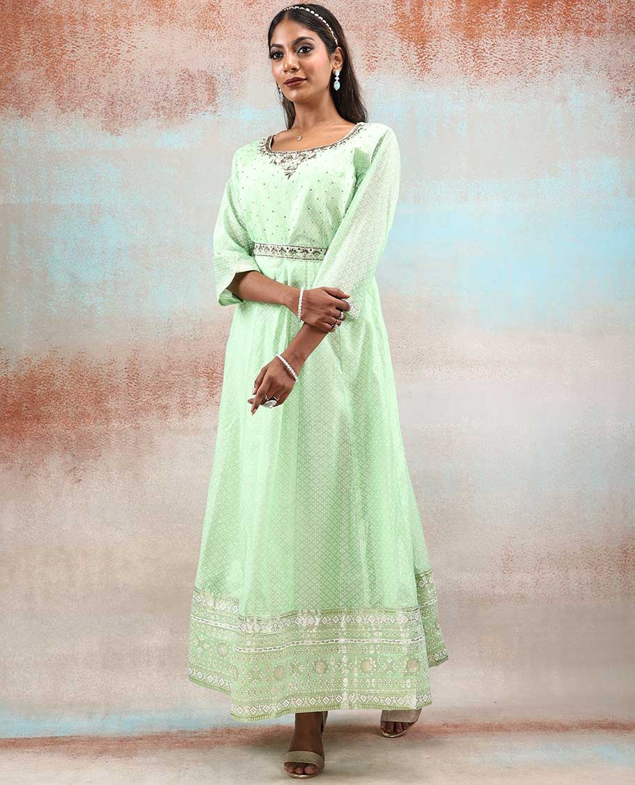 Green foil print & stone embroidered silk cotton anarkali with intricate designs,printed dupatta & embroidery waist belt