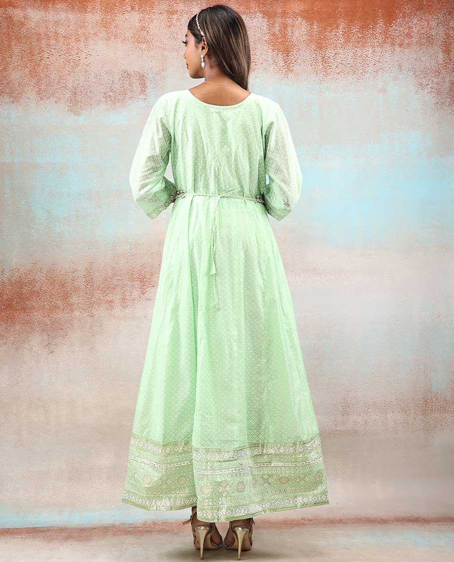 Green foil print & stone embroidered silk cotton anarkali with intricate designs,printed dupatta & embroidery waist belt